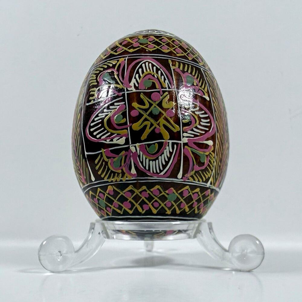 Hand Painted Glass Collector Egg Black Gold Pink Abstract Floral w/ Clear Stand